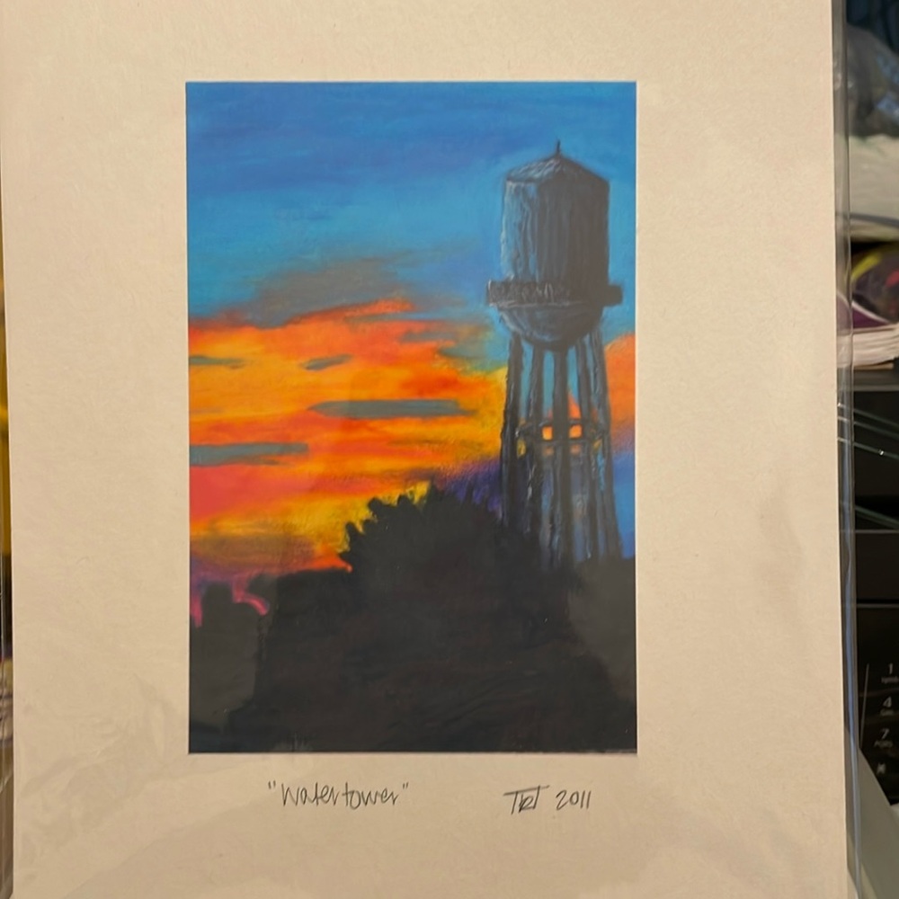 Water tower print original oil pastel